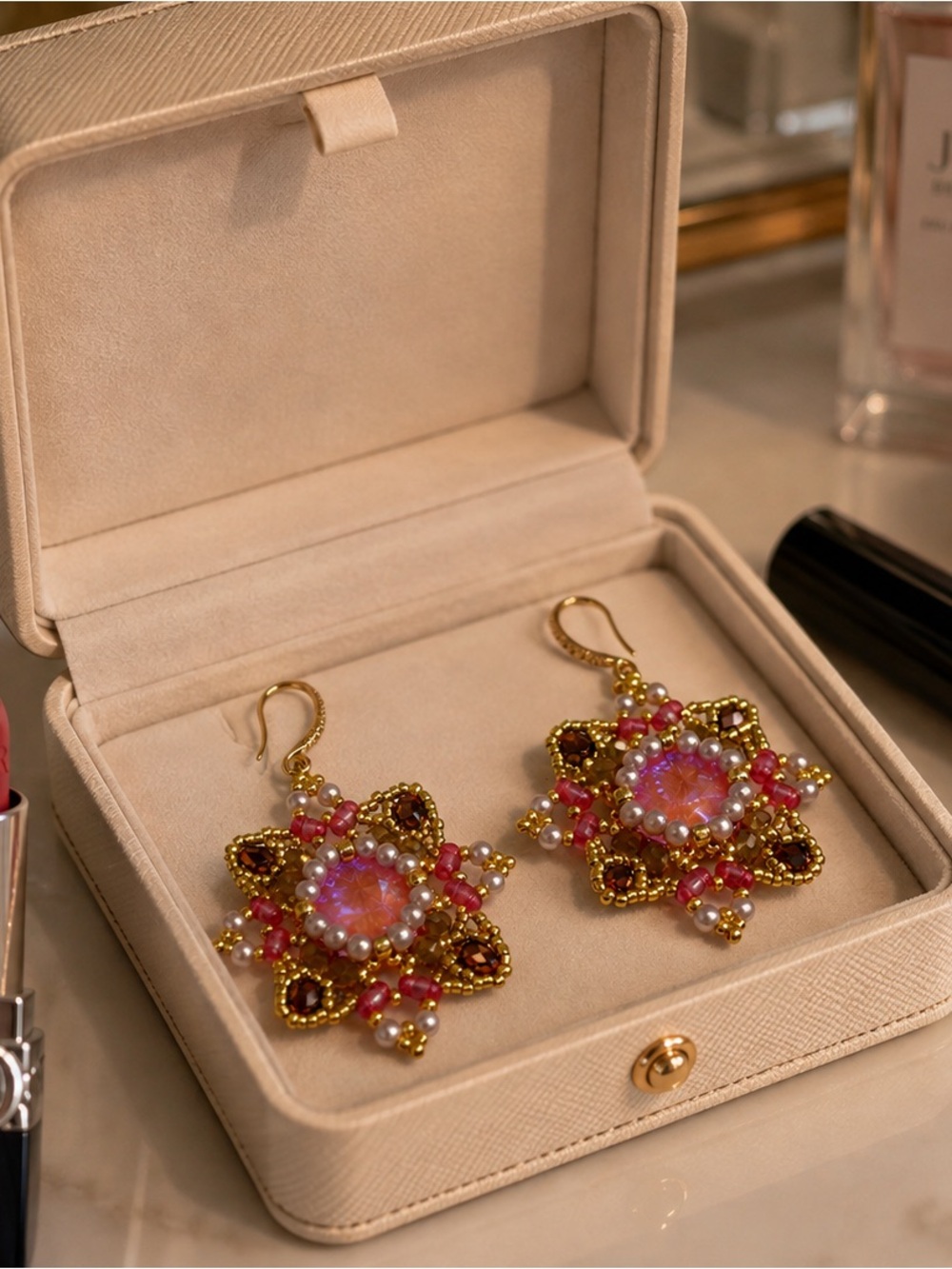 Gold and Pink Crystal Star Earrings